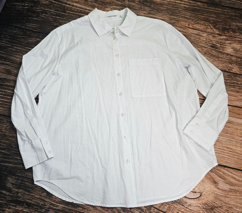 Calvin Klein White Button Down Shirt Long Sleev Dress Pocket Womens L Oversized